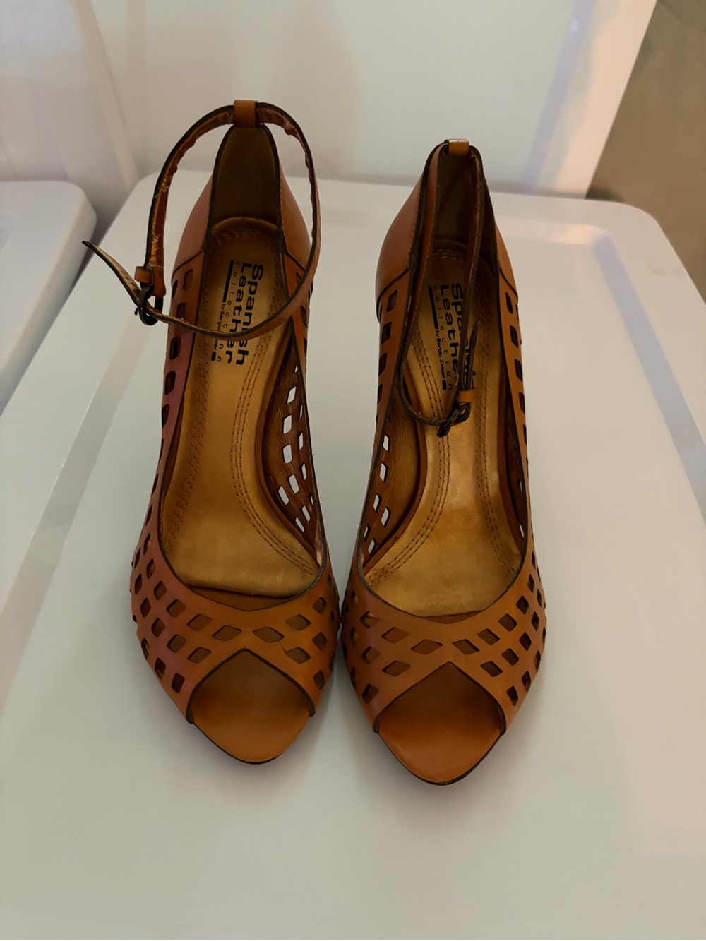Sergio Zelcer Tan Leather Peep-Toe Lattice Ankle Strap Heels